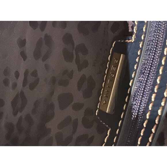 Perlina New York Navy Blue Faux Leather Shoulder Bag With Leopard Print Lining & - Picture 8 of 16